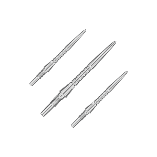 Target Swiss Point Storm Surge steel dart tips - silver Auf dem Bild sind drei silberne Steeldartspitzen abgebildet. Sie sind schmal, metallisch und haben ein präzises, geriffeltes Design.