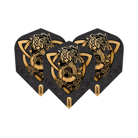 Shot Viking Wolf No. 6 Flights Das Bild zeigt drei Dartflights des Produkts "Shot Viking Wolf No6 Flights". Sie sind schwarz mit einem goldenen, wikinger-inspirierten Wolfsmotiv verziert.