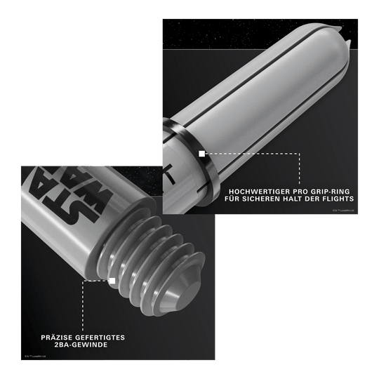 Target Star Wars ProGrip Shafts - Gray Gezeigt wird das Produkt Target Star Wars ProGrip Shafts - Grau. Die robusten Dartschäfte sind in Grau gehalten.