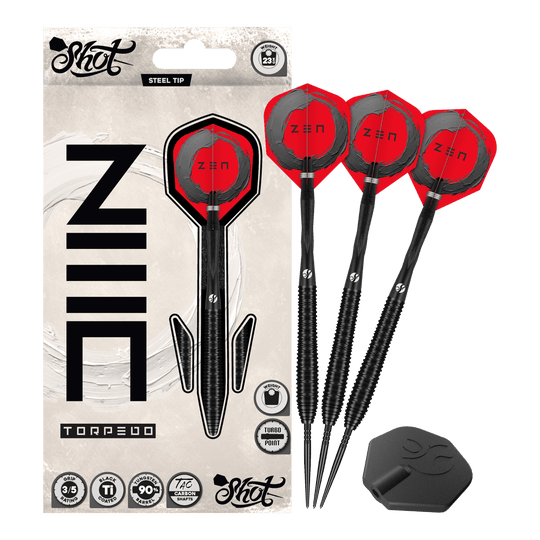 Shot ZEN Torpedo Turbo Point Steel Darts - 23g Auf diesem Bild sieht man die Shot ZEN Torpedo Turbo Point Steeldarts mit 23g komplett. Das Design betont ihre hochwertige Verarbeitung.