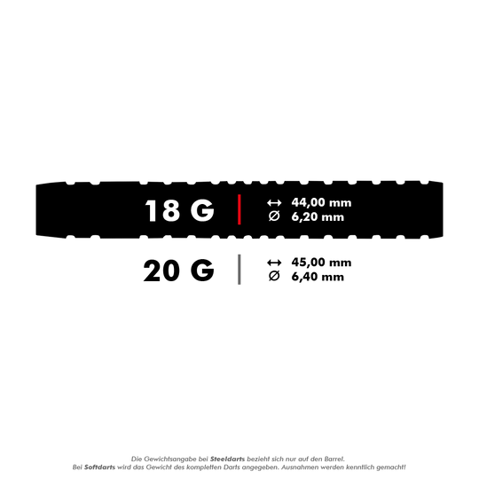Shot Michael Smith Achieve Soft Darts Das Bild zeigt die Maße und das Gewicht von zwei verschiedenen Darts: 18 g und 20 g. Für 18 g beträgt die Länge 44,00 mm und der Durchmesser 6,20 mm, für 20 g beträgt die Länge 45,00 mm und der Durchmesser 6,40 mm.