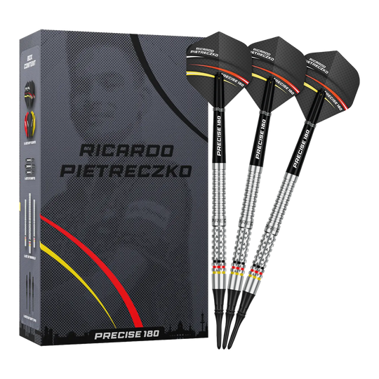 Precise 180 Ricardo Pietreczko GEN1 soft darts Gezeigt werden die Precise 180 Ricardo Pietreczko GEN1 Softdarts. Diese Softdarts zeichnen sich durch ihre Präzision aus.