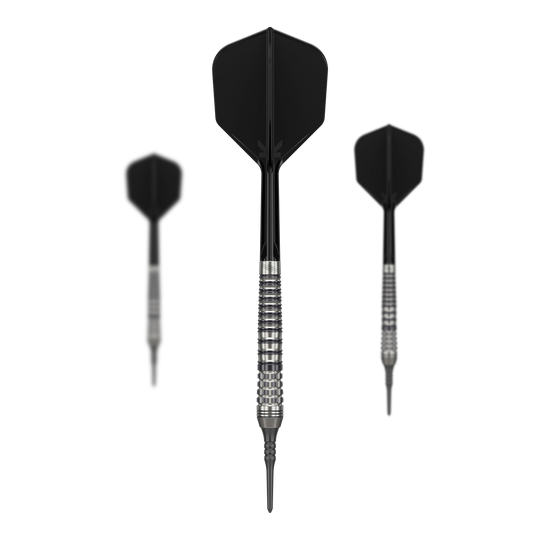 Das Bild zeigt drei schwarze Softdarts mit silbernem Griff. Es handelt sich um das Produkt "Target Japan Black Marque Renegade 4 Softdarts - 19g".