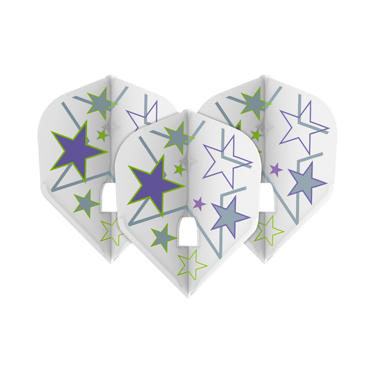 Das Bild zeigt drei weiße Dart-Flights mit bunten Sternen in Lila, Grün und Grau. Die Flights sind das Modell "L-Style Ryan Murray V1 White L3PRO".