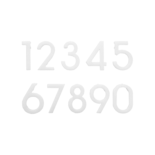 McDart Dartboard Replacement Numbers Das Bild zeigt weiße Ersatznummern von 0 bis 9 für eine Dartscheibe. Die Zahlen sind nebeneinander in zwei Reihen angeordnet.