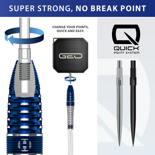 Harrows GEO Bomb Quick Point Steeldarts sind auf dem Foto zu sehen. Das Bild präsentiert die Form und Ausführung der Steeldarts.