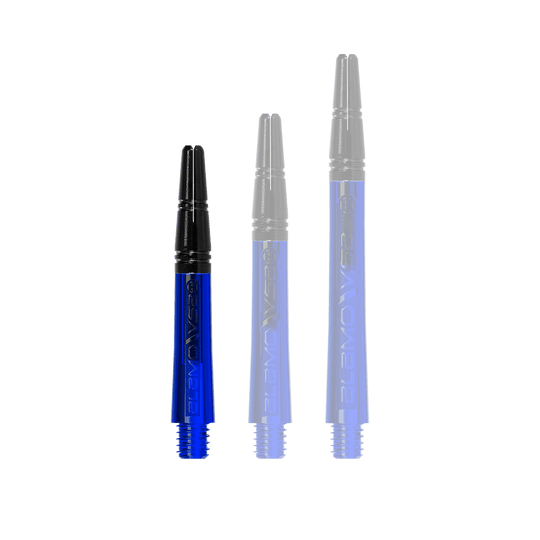 Harrow's Alamo VS2 Shafts - Blue Auf dem Bild sind drei blaue Dartschäfte in unterschiedlichen Längen zu sehen. Die Schäfte haben jeweils ein schwarzes Oberteil und einen Schraubgewinde am unteren Ende.