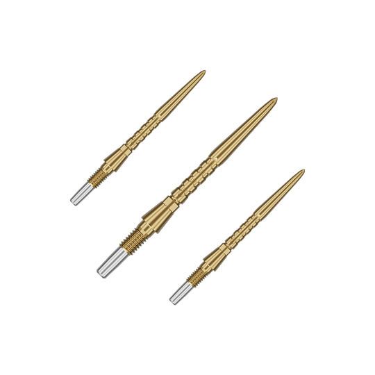 Target Swiss Point Storm Surge steel dart tips - gold Auf dem Bild sind drei goldene Steeldartspitzen zu sehen. Sie haben ein schlankes, geriffeltes Design mit einem silbernen Schraubgewinde am Ende.