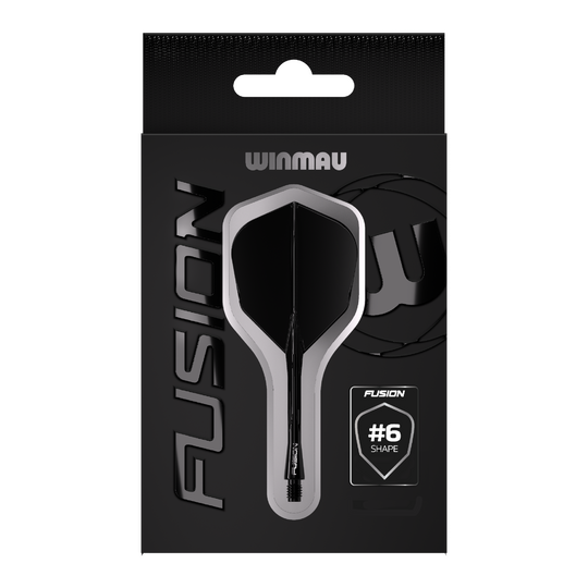 Winmau Fusion Flight Shaft System No6 Black Das Bild zeigt eine Verpackung des Winmau Fusion Flight Shaft Systems in Schwarz. Auf der Verpackung steht, dass es sich um die Form Nummer 6 handelt.