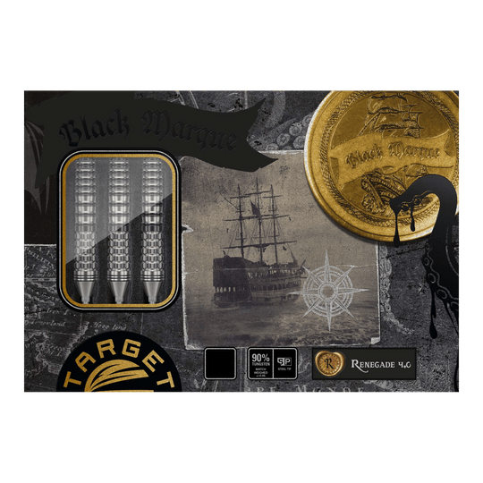 Auf dem Bild sind die "Target Black Marque Renegade 4 Swiss Point Steeldarts" zu sehen. Die Verpackung zeigt drei Darts, ein Schiff und eine goldene Münze mit dem Schriftzug "Black Marque".