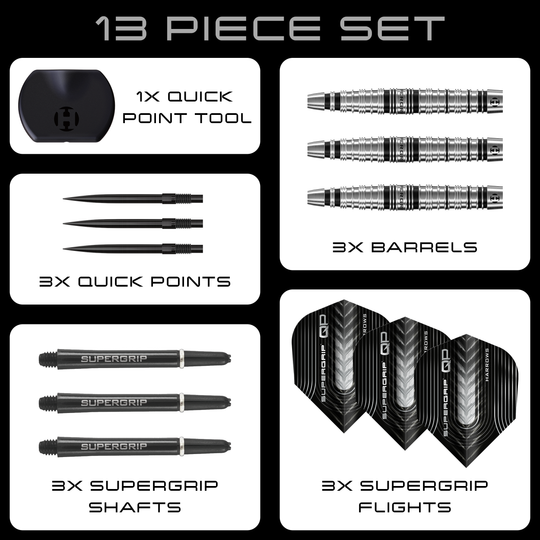 Harrows Supergrip Torpedo Quick Point Steeldarts sind auf dem Bild zu sehen. Eine Detailansicht hebt den Produktbereich hervor.