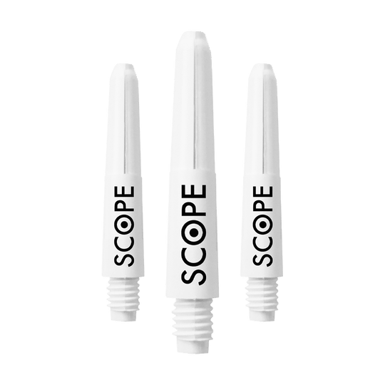 Das Bild zeigt drei weiße McDart Scope Nylon Shafts. Auf jedem Schaft steht das Wort "SCOPE" in schwarzer Schrift.