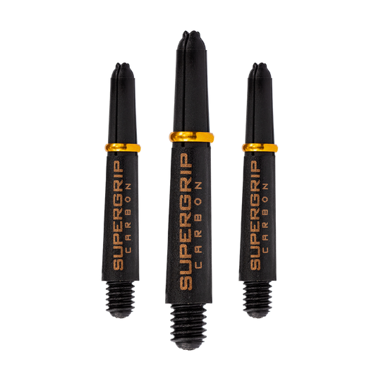 Das Bild zeigt drei schwarze Harrows Supergrip Carbon Shafts mit goldenen Ringen. Die Aufschrift "SUPERGRIP CARBON" ist deutlich auf jedem Schaft zu erkennen.
