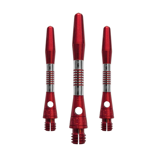 Bulls NL Cetra Aluminum Shafts - Red Abgebildet ist ein Set roter Aluminium Shafts mit 34 mm Länge. Sie werden wahrscheinlich beim Dartspiel verwendet.