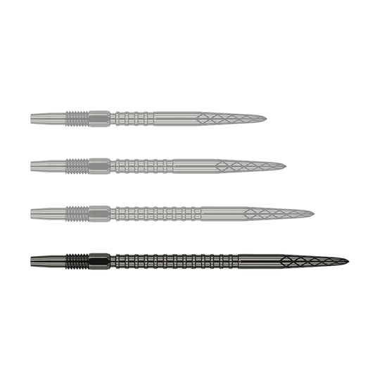Target Swiss DS Surge Point dart tips - Black Das Bild zeigt vier schwarze Dartspitzen, die nebeneinander ausgerichtet sind. Jede Spitze hat ein geriffeltes und gemustertes Design entlang des Schafts.