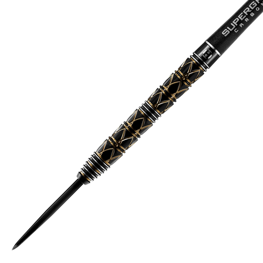 HA29044_Harrows_Taipan_Steeldarts_2 Das Bild zeigt einen Harrows Taipan Steeldart mit einem schwarzen und goldenen, strukturierten Griff. Die Spitze ist aus Metall und der Schaft trägt die Aufschrift „SUPERGRIP CARBON“.