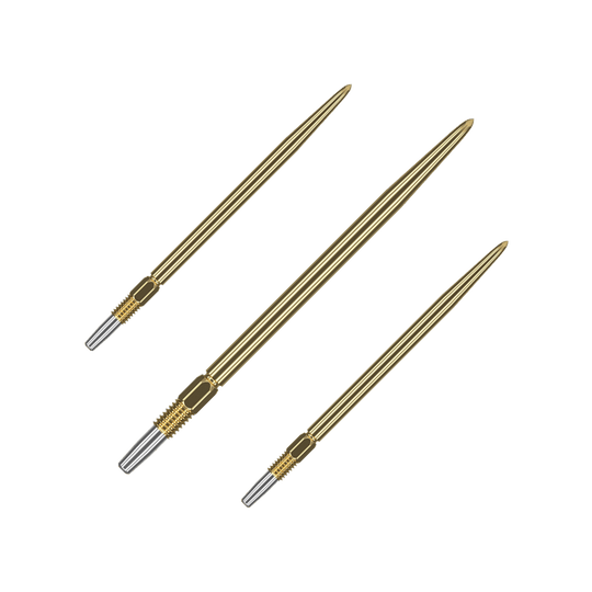 Target Swiss Point Gold dart tips Auf dem Bild sind drei goldene Dartspitzen zu sehen. Sie haben ein geriffeltes silbernes Endstück zur Befestigung.