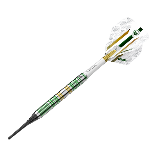 Winmau Xenon Softdarts - 20g Das Bild zeigt den Winmau Xenon Softdart mit einem Gewicht von 20 Gramm. Der Dart hat grüne und goldene Akzente sowie einen weißen Flight mit Winmau-Logo.