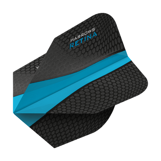 HR5512_Harrows_Retina_Hellblau_No2_Standard_Flights_2 Das Bild zeigt ein Harrows Retina Aqua No6 Dart-Flight. Es ist überwiegend schwarz mit einem auffälligen blauen Streifen in der Mitte.