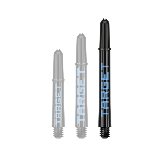 Target Pro Grip TAG Shafts - 3 Sets - Black Blue Auf dem Bild sind drei schwarze Dart-Schäfte in verschiedenen Längen zu sehen. Auf jedem Schaft steht das Wort "TARGET" in blauer Schrift.