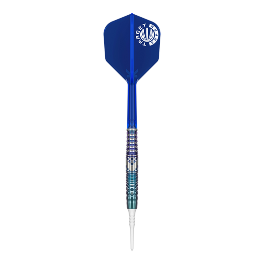 Das Bild zeigt einen Softdart mit einem blauen Flight und silber-blau gemustertem Griff. Es handelt sich um das Produkt "Target Japan Cathy Leung Charis GEN5 Softdarts - 19g".