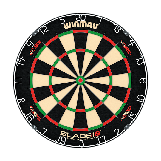 3031_Winmau_Blade_6_DualCore_Steeldartboard_1 Winmau Blade 6 Dualcore Steeldartboard wird frontal dargestellt. Die Zonen und Zahlen sind auffällig.