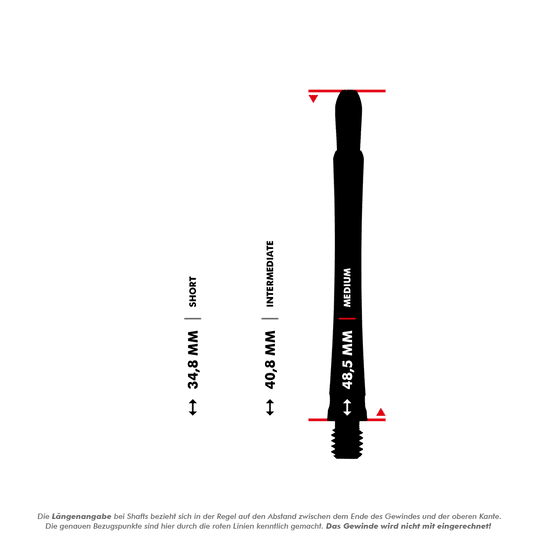 146210_Target_Grip_Style_Aluminium_Shafts_5_485mmL8Q9Nbu9TI6QS Das Bild zeigt drei verschieden lange Target Grip Style Aluminium Shafts in Rot. Die Längen sind als Short (34,5 mm), Intermediate (42,2 mm) und Medium (48,5 mm) dargestellt.