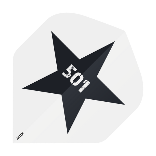 MD-401-Log_2-Seitig_Bedruckte_Flights_Logo_MDX_3 Das Bild zeigt einen schwarzen Stern auf grauem Hintergrund. In der Mitte des Sterns steht die Zahl "501" in weißer, abgenutzter Schrift, und unten links ist klein "MDX" geschrieben.