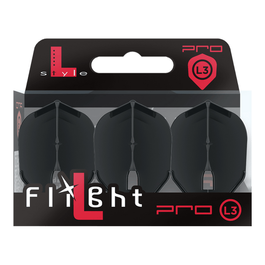 L-Style Flights Champagne - L3PRO Shape Auf dem Bild ist eine Verpackung mit drei schwarzen Dart-Flights der Marke L-Style zu sehen. Die Packung trägt die Bezeichnung „L3 PRO“ und ist modern gestaltet.