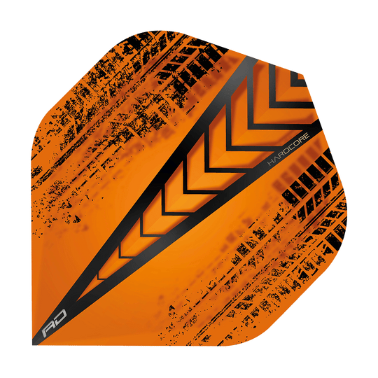 Das Bild zeigt ein Hardcore Radical Orange Standard Flight von Red Dragon. Es hat ein auffälliges orangefarbenes Design mit schwarzen Pfeil- und Musterakzenten.