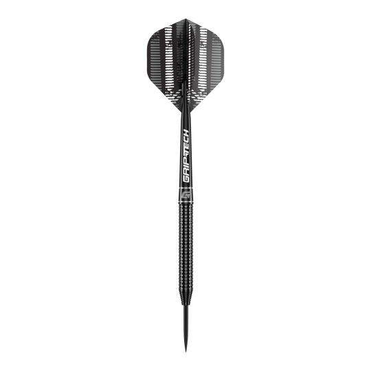 Das Bild zeigt einen einzelnen GOAT Sprocket Tungsten Steeldart. Der Dart hat ein modernes, schwarzes Design mit dem Schriftzug "GRIPTECH" auf dem Schaft.