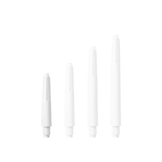 Das Bild zeigt vier Nylon Shafts in Schneeweiß, die in unterschiedlichen Längen angeordnet sind. Sie haben ein Schraubgewinde an einem Ende.