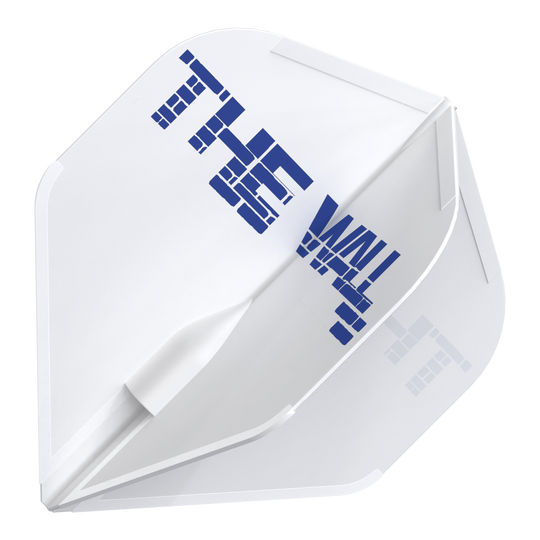 L-Style Martin Schindler White L1EZ Flights Das Bild zeigt ein weißes Dart-Flight mit dem blauen Schriftzug "THE WALL". Es handelt sich um das Produkt "L-Style Martin Schindler Weiß L1EZ Flights".