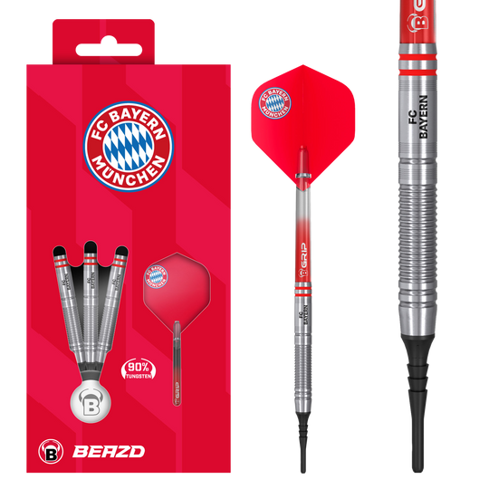 Das Beazd FC Bayern München Tungsten Softdarts – 18g Set liegt nebeneinander. Logos und Barrel-Muster sind klar erkennbar.