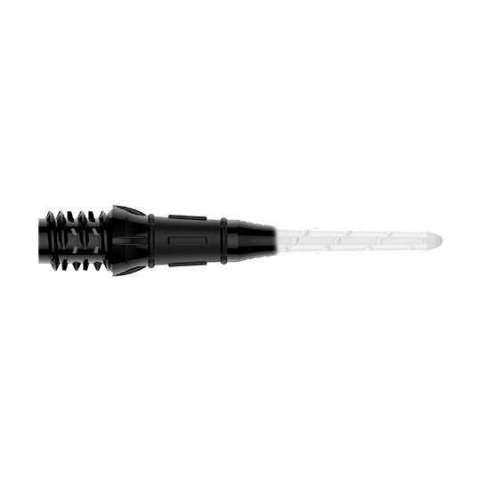 L-Style Premium Two Tone Lippoints (Pack of 30) Das Bild zeigt eine schwarze und weiße Dartspitze mit einem zweifarbigen Design. Die linke Seite ist schwarz und die rechte Seite ist weiß.
