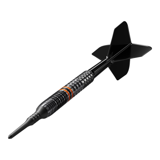 Das Bild zeigt einen schwarzen Softdartpfeil mit einem metallisch geriffelten Barrel und schwarzen Flights. Der Dart hat orangefarbene Akzente und sieht hochwertig und modern aus.