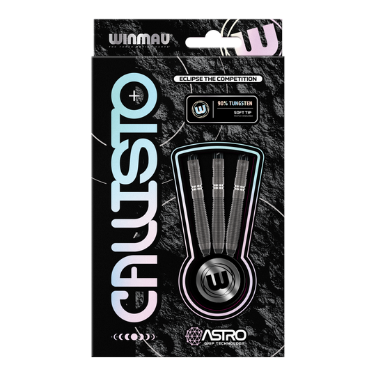 Winmau Callisto 02 soft darts - 20g Die Abbildung zeigt die Verpackung der "Winmau Callisto 02 Softdarts - 20g". In der Packung sind drei Softdarts mit 90 % Tungsten und Astro Grip Technologie zu sehen.