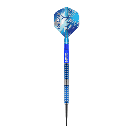 Red Dragon Gerwyn Price Glacier steel darts Das Bild zeigt einen Red Dragon Gerwyn Price Glacier Steeldart. Der Dart ist überwiegend blau und silbern mit einem eisigen, modernen Design.