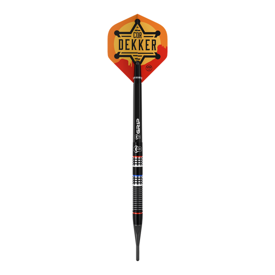Auf dem Bild ist Bulls Cor Dekker The Sheriff Softdarts - 20g abgebildet. Diese hochwertigen Softdarts sind für elektronische Dartboards geeignet.