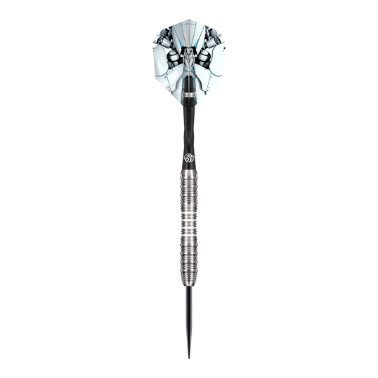 Abgebildet sind die Shot AI Scorpula Steeldarts. Diese Darts sind für Präzision und Stil bekannt.