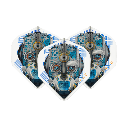 L-Style Berry Van Peer V3 Clear White L1EZ Flights Das Bild zeigt drei Dartflights mit einem futuristischen Roboter-Design in Blau- und Grautönen. Die Flights sind von der Marke L-Style und heißen "Berry Van Peer V3 Clear White L1EZ".