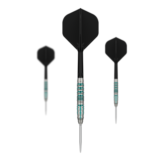Das Bild stellt das Target Japan Black Marque Pierce Swiss Point Steeldarts Set dar. Es handelt sich um hochwertige Darts für professionelle Ansprüche.