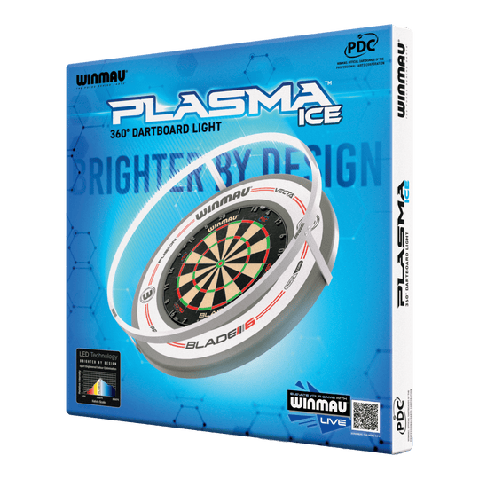 Die Abbildung zeigt die Verpackung des "Winmau Plasma Ice LED Dartboard Light". Das Produkt bietet eine 360° Beleuchtung für Dartboards.