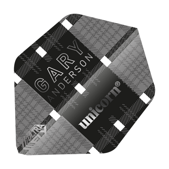 Das Bild zeigt ein Dart-Flight mit einem schwarz-grauen Karomuster und dem Namen "Gary Anderson". Auf dem Flight stehen außerdem die Markenbezeichnungen "unicorn" und "Ultra Fly".