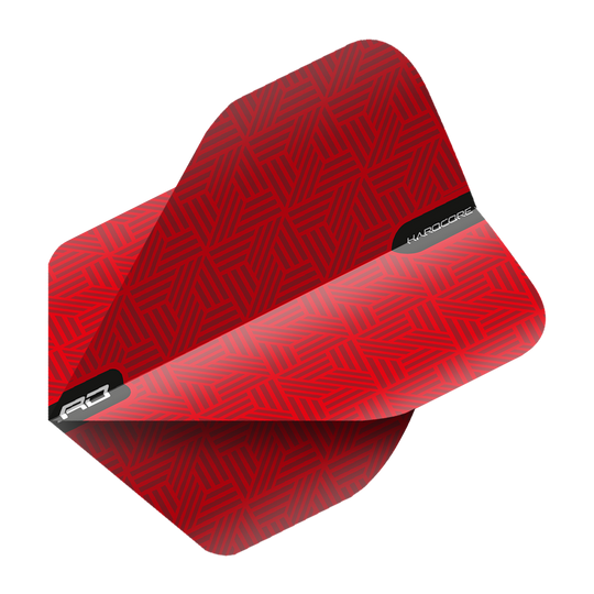 Das Bild zeigt die Red Dragon Hardcore Red Standard Flights. Sie haben ein auffälliges rotes Muster mit schwarzen Akzenten und Schriftzügen.