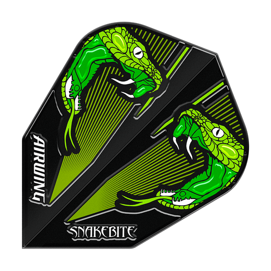 Red Dragon Airwing Peter Wright Green V-Standard Flights Das Bild zeigt einen Dartflight mit zwei grünen Schlangen auf schwarzem Hintergrund. Die Wörter "AIRWING" und "SNAKEBITE" sind auf dem Flight zu sehen.