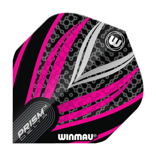 Das Bild zeigt ein Winmau Prism Delta Dart Flight in den Farben Schwarz, Weiß und Pink. Das Flight hat ein modernes Muster mit Linien und dem Winmau-Logo darauf.