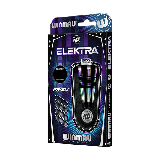 Das Bild zeigt die Verpackung der "Winmau Elektra Steeldarts". Drei bunte Steeldarts mit 90% Tungsten sind in der Schachtel sichtbar.