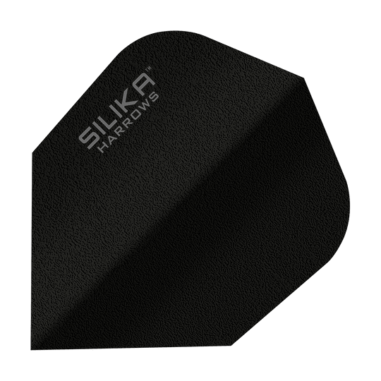 Harrows Silica Solid Tough Crystalline Coating Black No6 Flight Das Bild zeigt einen schwarzen Dartflight mit der Aufschrift "SILIKA HARROWS". Es handelt sich um das Modell "Silika Solid Tough Crystalline Coating Black No6".