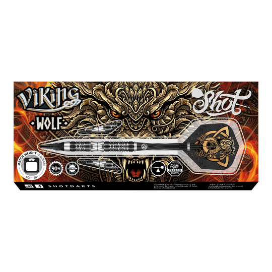 Shot Viking Wolf soft darts - 20g Das Bild zeigt das Produkt "Shot Viking Wolf Softdarts - 20g" mit einem dekorativen Wolfdesign im Hintergrund. Die Verpackung hebt die Merkmale des Softdarts hervor, darunter das Gewicht von 20 Gramm und die hochwertige Verarbeitung.